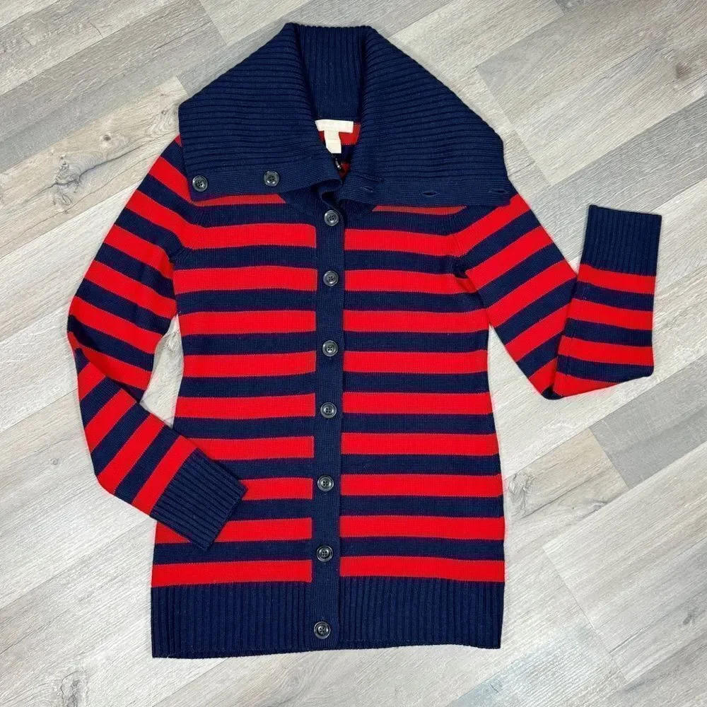 Banana Republic Striped Shawl Collar Button Up Cardigan Sweater Red Blue‎ Small